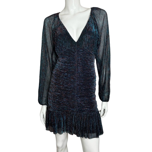 Skies Are Blue Dresses & Skirts - Skies Are Blue Runched Sheer Long Sleeve Black Teal Metallic Midi Dress